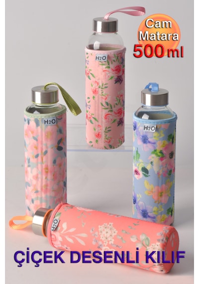 Çiçek Desenli Kılıflı Cam Matara 500 ml - Spor, Okul, Ofis ve Günlük Kullanım İçin Estetik Tasarımlı Su Şişesi