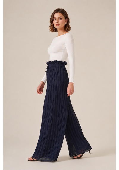 Bihan Store Kadın Rahat Kalıp Şifon Pliseli Pantolon Y26-30700 - Lacivert