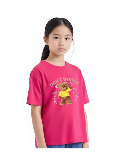Panios Kids Baskılı Kız Çocuk Kısa Kollu T-shirt Fuşya