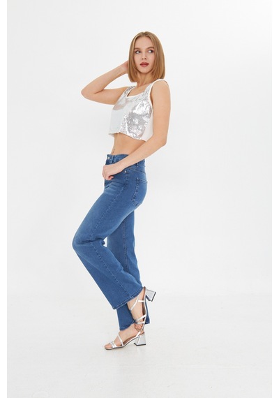 Kutaf Mavi Yüksek Bel Kar Yıkama Likralı Geniş Paça Palazzo Jeans Mavi