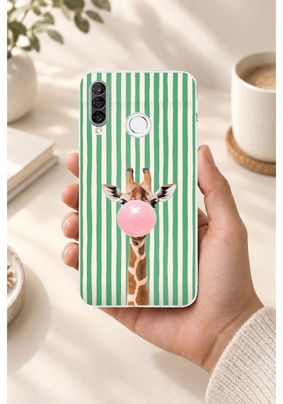 Huawei P30 Lite Uyumlu Yeşil Çizgili Sakız Şişiren Zürafa Baskılı Silikon Kılıf