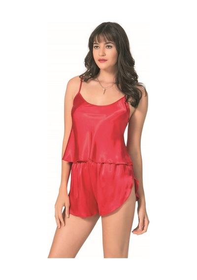 İkikareshop Kırmızı Saten Babydoll Şort Takımı Zarif Kadın Gece Giyim Çok Renkli