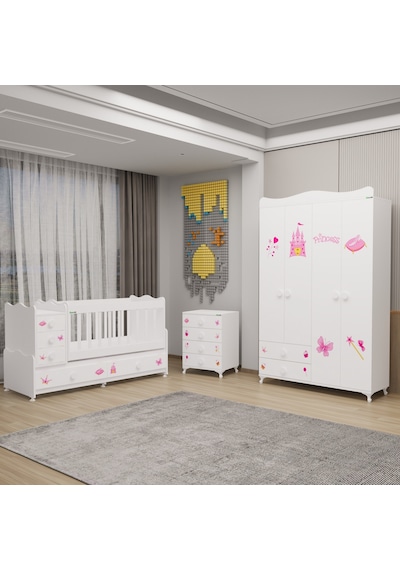 Melina Bebek Odası Yıldız 4 Kapaklı Ve Şifonyer - Prenses Beyaz