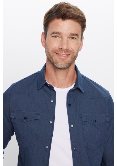 Tudors Erkek Slim Fit Dar Kesim Çift Cepli Denim Kot Lacivert Gömlek-31927 Lacivert