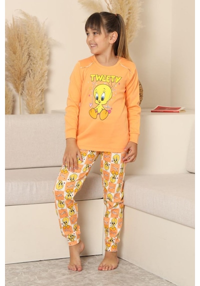 Miniğimin Cicileri Sevimli Civciv Baskılı Kız Çocuk Pijama Ta... Turuncu