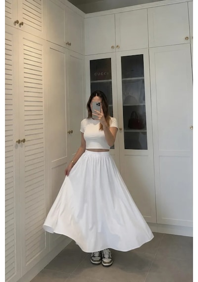 Kadın Beyaz Poplin Kumaş Uzun Etek Beli Lastikli Günlük Maxi Etek 90 Cm