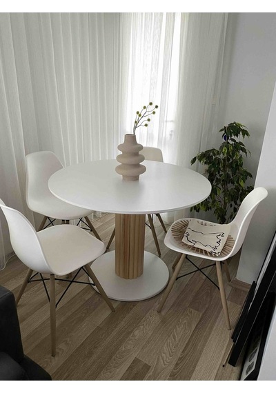 85 CM Ahşap Ayaklı Yuvarlak Yemek Masası, Modern Mat Beyaz Mdf Ye