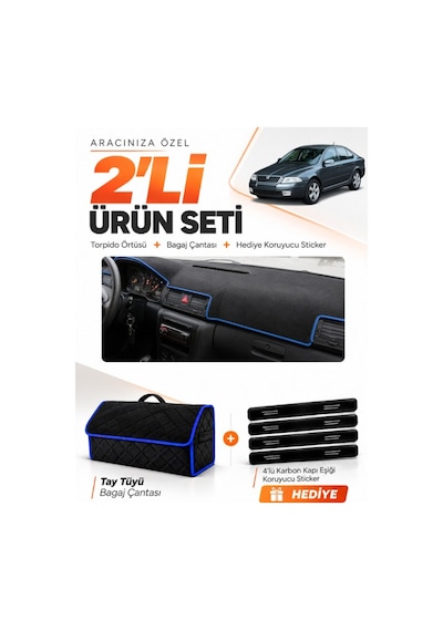 E-biz Skoda Octavia 2000-2008 Uyumlu Torpido Örtüsü + Tay Tüyü Bagaj Çantası - Siyah-mavi - Sk008
