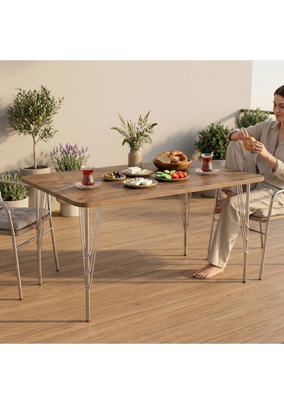 Modern Ahşap Desenli 6 Kişilik Yemek Masası 119x89 Cm Sabit Metal Ayaklı Sağlam Mutfak Masası, Çalışma Masası, Balkon Masası Atlantik - Çam