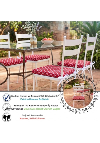 6 Adet 40x40 Cm Kırmızı Bağcıklı Sandalye Minderi Pamuk Polyester Kumaş Mutfak Ve Bahçe Minder