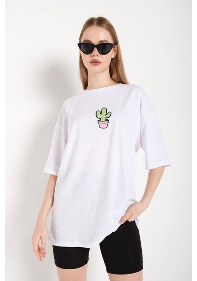 Flood Of Style Kadın Beyaz Cactus Logo Baskılı Oversize T-shirt