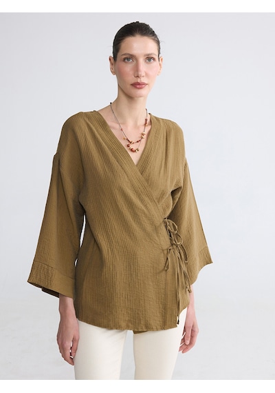 Lcw Everyday Yeşil Kruvaze Yaka Müslin Oversize Kadın Kimono
