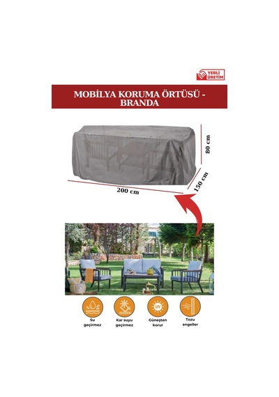 Gri Bahçe Mobilya Koruma Örtüsü Branda 200x160x80 Cm - Santimetre, Su Geçirmez, Güneşten Korur Gri