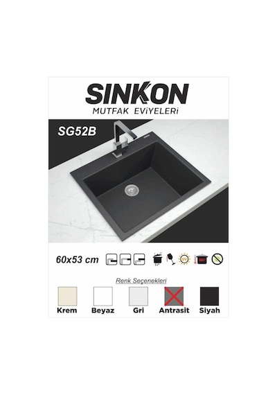 Sinkon Antrasit Granit Eviye 60 x 53 - Sg52B - Sinkon