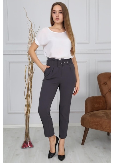 Bluence Beli Kemerli Dar Paça Gri Kumaş Pantolon Gri