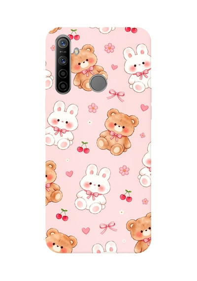 Realme 5i - 6i - C3 Uyumlu Pembe Ayıcıklı Ve Tavşanlı Kawaii Kiraz Baskılı Silikon Kılıf