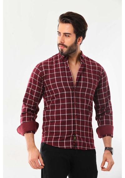 Marisso Erkek Kare Desenli Uzun Kol %100 Pamuk Gömlek 1502 Bordo
