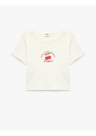 Koton Kısa Kollu Slim Fit Bisiklet Yaka Pamuklu Baskılı Crop Tişört Ekru 6skg10477ak
