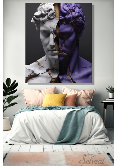 Dikey Kanvas Duvar Tablosu Tekli Salon Yatak Odası Ofis Beyaz Mor David Heykel Soyut Çok Renkli