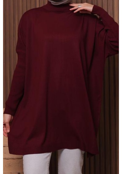 Balenbi Kadın Dik Yaka Basic 80cm Salaş Oversize Triko Tunik 1145 Bordo