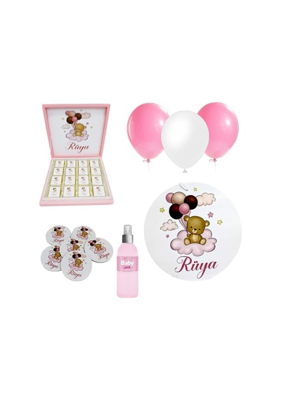 Bebek Doğum Hediyelik Süsleme Seti Çikolata Ahşap Magnet - Kapı Süsü - Kolonya - Balon Mod.2