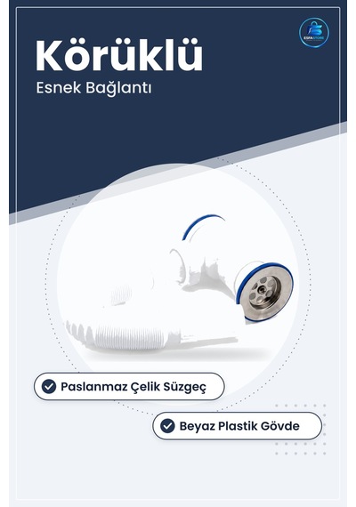 Körüklü Lavabo Sifonu Paslanmaz Çelik Süzgeçli Esnek Beyaz Plasti