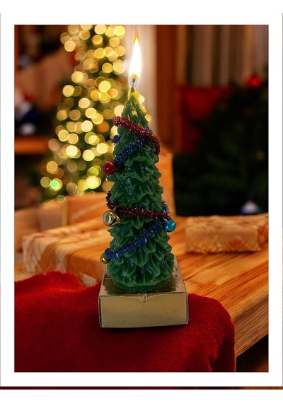 Dekoratif Noel Ağacı Mumu, El Yapımı Yeşil Balmumu, Tinsel Ve Süslemeli, Yılbaşı Temalı, 15 Cm 50 x 22