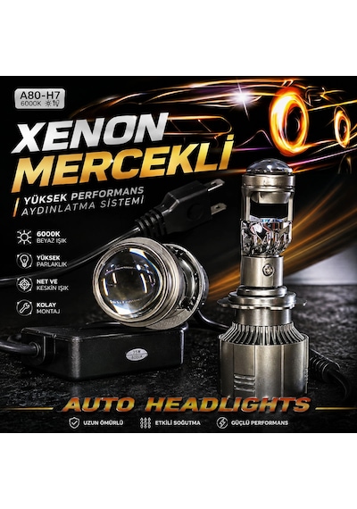 Mercekli H7 Beyaz Led Xenon-ufuk Çizgisi+şimşek Etkili+canbuslı Led Xenon