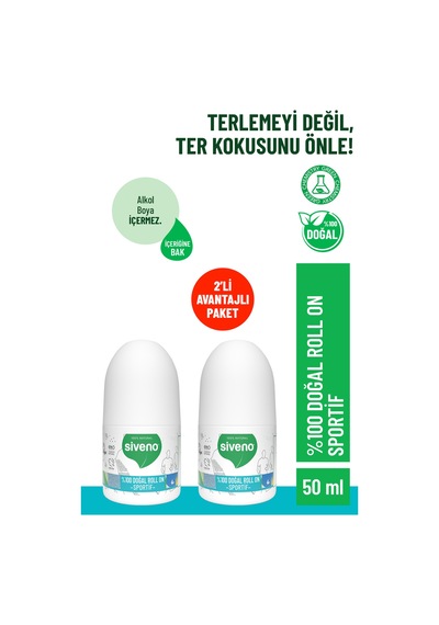 Siveno %100 Doğal Roll-on Sportif Sporcu Deodorant Ter Kokusu Önleyici Bitkisel Lekesiz 50 Ml X2 Adet