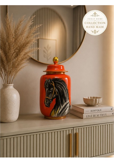 Seramik Vazo - El Yapımı Turuncu At Desenli Honey Pot