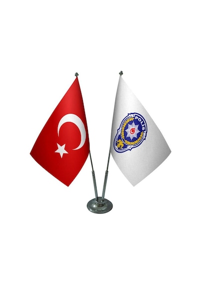 Masa Üstü Polis Arması Bayrağı Türk Bayrağı İkili Krom Direk Masa