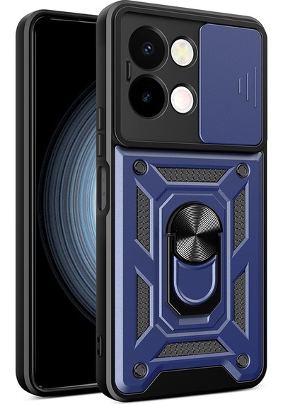 Vivo Y28 Kılıf Magnetik Standlı Kamera Korumalı Zore Sürgülü Vega Kapak Mavi