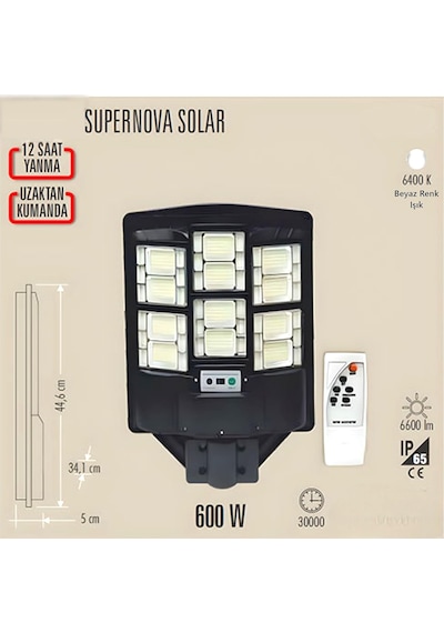 600w Solar Led Projektör Kumandalı Ve Sensörlü 6600 Lümen, Ip65 Su Geçirmez, Cata Güneş Enerjili Bahçe Ve Güvenlik Aydınlatması