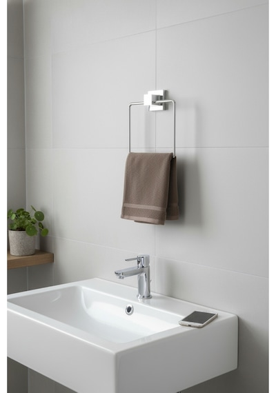 Tekno Tel Ef-234 Krom Kare Havluluk Yapışkanlı/vidalı Deliksiz Metal Banyo Havlu Halkası Krom