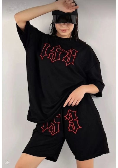 Tarzyeri Kadın Unisex Nakış İşlemeli Şort Takım - Siyah Siyah