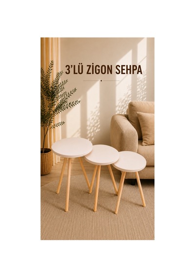 Zigon Sehpa Vizon 3'lü Ahşap Ayaklı Yuvarlak Modern Yan Sehpa Seti Bej Bej