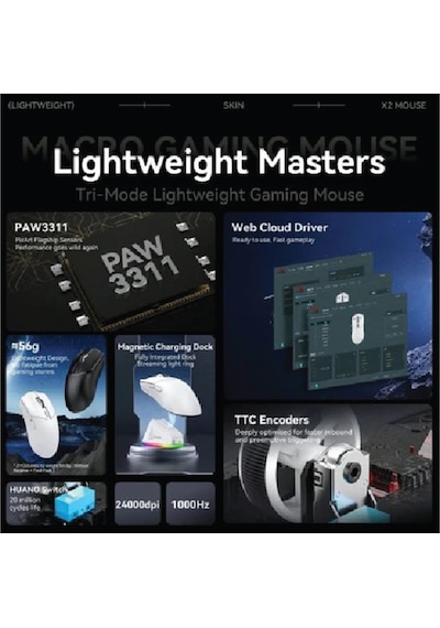 X2 Kablosuz 3 Modlu 24.000dpı Oyuncu Mouse Paw3311 Sensör Şarj Istasyon Tape Ve Skatez  Diğer