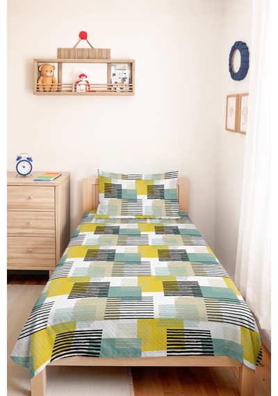 Geometrik Sarı Genç Odası Tek Kişilik Pike Takımı - Mint Çizgili 160x220 Cm Kapitone Yatak Örtüsü Ilık Amber Işıltısı