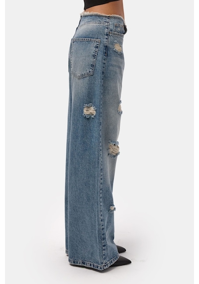 it's basic Kadın Kot Rengi 12s6-32 Straight Fit Yırtık Detaylı Tasarım Denim Jean Mavi