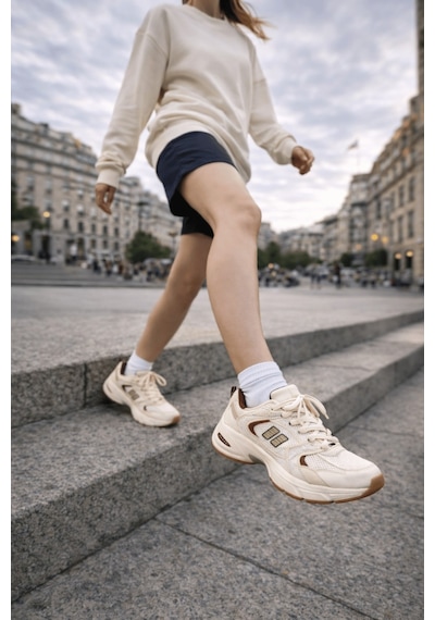 Muggo Shift Kadın Kalın Taban Bağcıklı Günlük Sneaker Spor Ayakkabı Bej