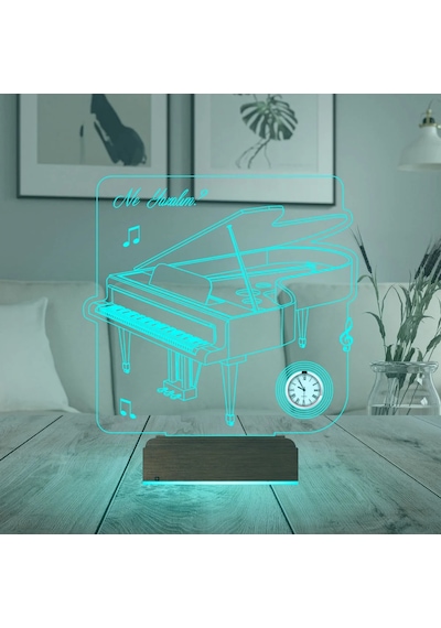 Luvivia Piyano Müzik Nota Piyanist Hediye Kişiye Özel Metal Saatli 3d Lamba - Masa Gece Lambası