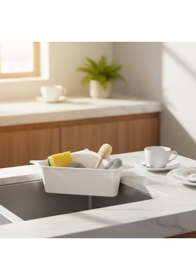 Mutfak Evye Kenarı Asılabilir Süzgeç Drenajlı, Delikli, Çok Amaçlı Beyaz Evye Organizeri 28 Cm