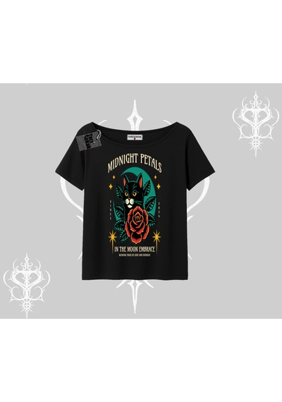 Tarzsokak Midnight Petals Kedi Baskılı Kayık Yaka Tshirt Siyah