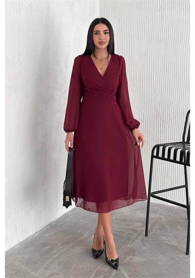 Kadın Bordo Astarlı Şifon Elbise Dpnbk3028 Bordo