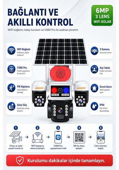Avenir Tk-s1463w 6mp 3 Kameralı 4g Sım Kartlı Solar Ptz Kamera 12000mah Batarya, V380 Pro