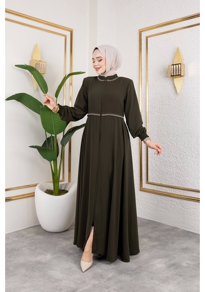 Nevayla Moda Yaka Ve Bel Nakış Detaylı Ferace - Haki / F0143 Haki