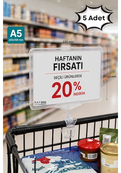 5 Adet - A5 Mandallı Etiketlik Fiyatlık Sepet Raf Askılık Fiyat Etiketi Çerçeveli Market Mağaza Şeffaf