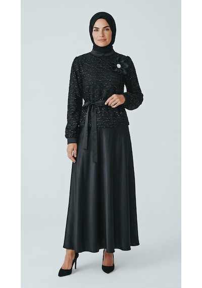 Ece Giyim Kadın Etek Saten Mevlana Model Üst Dantel İçi Astarlı Manşetli Düğünlük Takım Siyah Ece Giyim Kadın Etek Saten Mevlana Model Üst Dantel İçi Astarlı Manşetli Düğünlük Takım Siyah