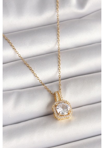316l Çelik Gold Renk Zincir Zirkon Taşlı Kare Model Kadın Kolye - Tj-bko9956 Gümüş