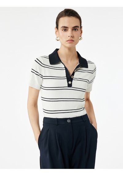 Koton Regular Fit Düğmeli Kısa Kollu Polo Yaka Triko Kazak Lacivert Çizgili 6wak90059ht Lacivert Çizgili